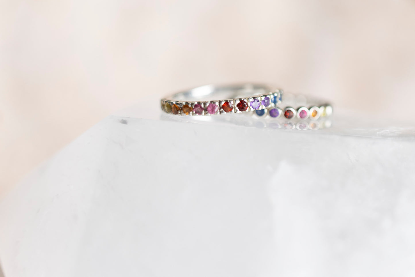 sunset pave ring and sunset gem bead ring