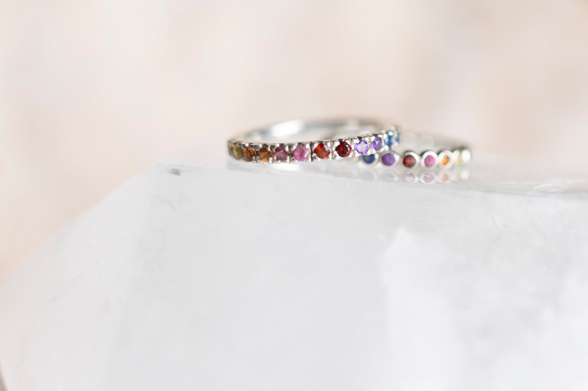 sunset pave ring and sunset gem bead ring