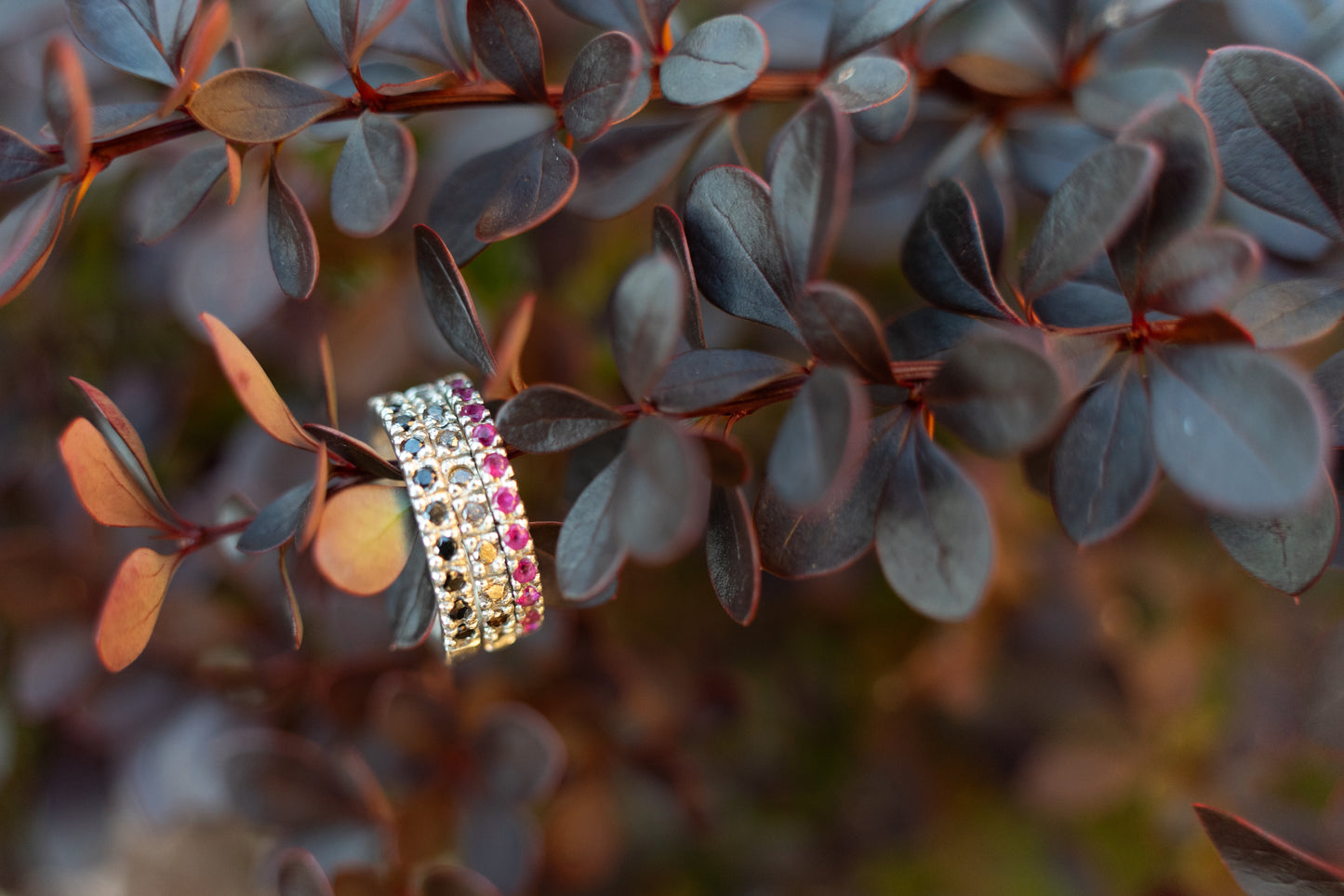 Black spinel pave ring, champagne diamond pave ring, ruby pave ring