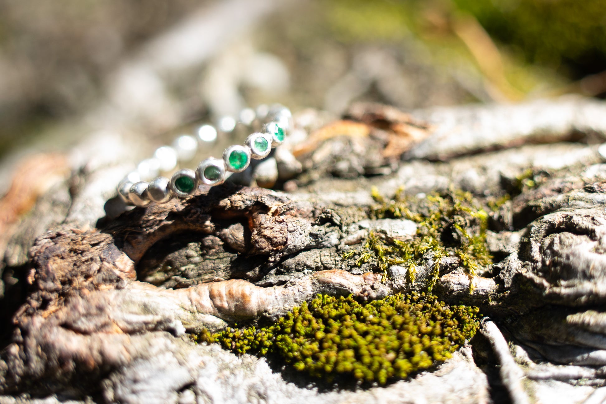 Emerald Gem Bead Ring  in sterling silver with 5 emeralds