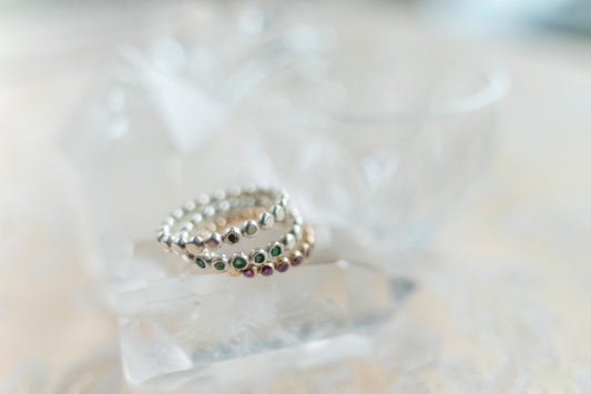 Gem Bead Ring with a single gem, 5 gem bead ring and half eternity gem bead ring. Sterling Silver and 14k Yellow Gold Fill